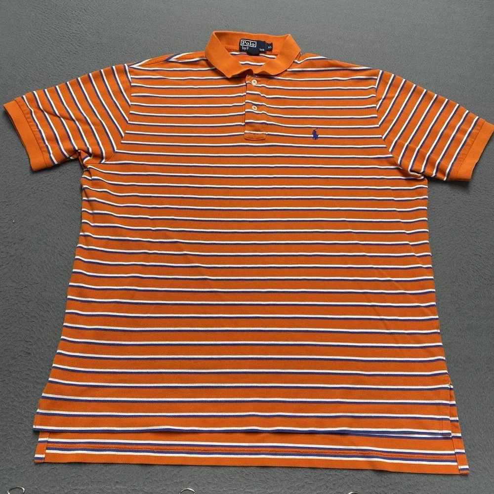 Polo Ralph Lauren Polo Shirt Mens XL Orange Stripe 100% Cotton Pony Logo